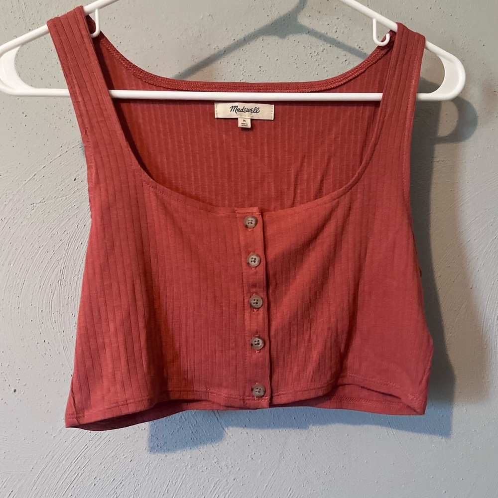 Madewell Orange Ribbed Buttoned Crop Tank Top